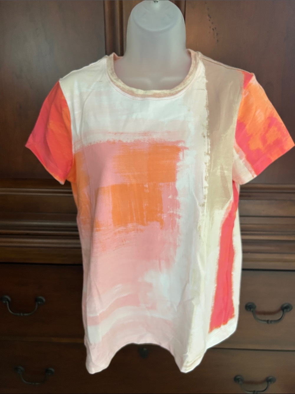 Chico's Short-Sleeve Brushstroke Tee in Pink, Orange & Cream NWT
